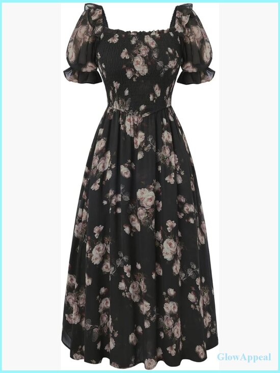 Dresses & Skirts - Floral Puff Sleeve Square Neck A-Line Midi Dress for Wedding Guest Tea Party